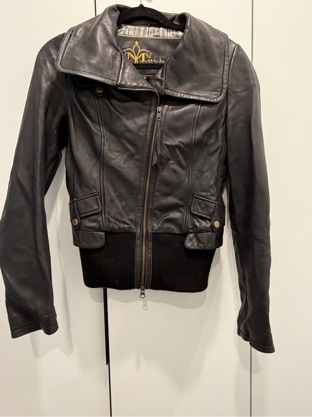 Vintage Mackage Black Leather Bomber Jacket with Wide Collar